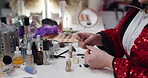 Manicure, press on and beauty with hands of person in makeup studio for growth, nail glue and salon. Cosmetics, self care and grooming with woman for acrylic extensions, polish process and pamper