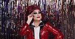 Makeup, drag artist and aesthetic with face for performance, show and confidence in club. Beauty, cosmetics and person with portrait for lgbtq, art and attitude for self expression or individuality