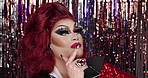 Makeup, drag artist and beauty with thinking for performance, show and confidence in club. Cosmetics, aesthetic and person with vison for lgbtq, art and attitude for self expression or individuality