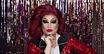 Makeup, drag artist and beauty with face for performance, show and confidence in club. Cosmetics, aesthetic and person with portrait for lgbtq, art and attitude for self expression or individuality