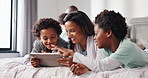 Mother, children and happy with tablet on bed for movie search, watching cartoon or app download. Morning, family and african people relax with digital tech in home for educational website or bonding