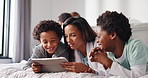 Mother, children or relax with tablet on bed for playing games, movie search or bonding in morning. Love, family or african people laughing with digital tech in home for streaming service or security