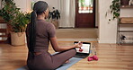 Laptop, woman and mindfulness for meditation, home and morning routine for mental health and lotus. House, zen or black person with inner peace, wellness and self awareness on floor and videos on web