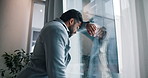 Stress, worry and business man by window with anxiety for failure, job loss and bankruptcy. Office, worker and person with upset, disappointed and burnout for finance crisis, mistake and unemployment