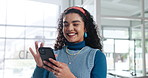 Smile, phone and communication with woman in office for project management, social media and online news. Tech, business contact and website with employee for mobile app, text message and internet