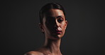 Beauty, face and makeup with woman on gray background for cosmetics or dermatology results. Aesthetic, collagen and skincare with confident model on space for cosmetology benefits or satisfaction