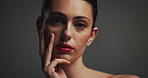 Beauty, face and skincare with woman on gray background for cosmetics or dermatology results. Aesthetic, collagen and wellness with confident model on space for cosmetology benefits or satisfaction