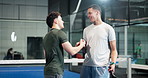 Tennis partner, men or handshake on court for padel tournament, game start or sportsmanship. Fitness, people or happy with greeting at health club for friendly match, introduction or playing together