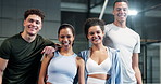 Face, friends and group with smile, court or pride for tennis competition, hug or wellness for sport. Fitness, people and  embrace on break, athlete and confident for game, together or health in USA