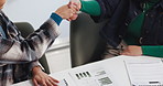 Handshake, documents and business people at startup with success, goals or social media marketing at office. Manager, employee and shaking hands for congratulations, deal or charts at media company
