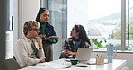 Collaboration, laptop and tablet with business people in office together for feedback or review. App, computer and training with employee group in workplace for development, planning or strategy