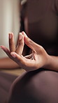 Meditation, hand of woman and breathing with pilates in home for health, wellness and aura in living room. Yoga, holistic experience and person in lounge with spiritual practice for zen or chakra