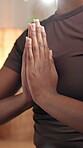 Hands, meditation and mindfulness in home, zen and calm with morning routine, inner peace or health. Wellness, relax and stress relief for person in house, self awareness or gesture for healing