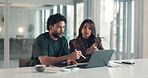 Business, people and explain on laptop in office for planning, financial report and budget tips. Staff, discussion and tablet with teamwork, finance comparison and information for investment proposal