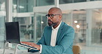 Glasses, laptop and typing with business black man in office for research, risk analysis and planning. Client application, insurance broker and online review with person in agency for email
