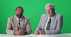 Face, news anchor and men talk with green screen for broadcast, story update or information. Team, happy reporter and journalist in studio newsroom for show, media and discussion on background