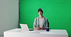 Woman, talk and news anchor with green screen at studio, mock up space and camera for television broadcast. Person, speaker and journalist with info, chromakey and story presentation with tv show