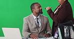 Man, news reporter and makeup artist with green screen, face and brush with mock up space in studio. Person, speaker or presenter with cosmetics, foundation and documents for broadcast on tv show