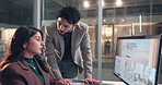 Business, night and people with teamwork, computer screen and conversation with feedback. Evening, man or woman in office, pc or advice with coaching, strategy or planning with discussion or internet
