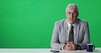 News anchor, man and speaker with mockup space, script and notes on green screen. Reporter, technology and presenter in studio for broadcast, media face or communication for journalism or weather