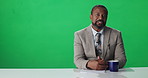 News anchor, black man and reporter with mockup space, discussion and notes on green screen. Speaker, tech and presenter in studio for broadcast, media face or communication for journalism or weather