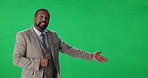 Black man, face or anchor with green screen for live broadcast on a studio background. Portrait, male person or news reporter with chromakey presentation for weather forecast or pitch on mockup space