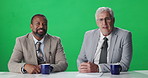 Face, news reporter and men talk with green screen for broadcast, story update and information. Team, happy anchor and journalist in studio newsroom for show, media and announcement on background