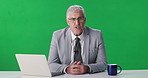 Mature man, face and news anchor with green screen, talk and point for headlines, update or info at studio. Person, speaker or reporter with mockup space, chromakey or tv presenter on show in England