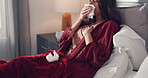 Cough, illness and tissues with woman in bed of home for sick emergency, germs and fatigue. Bacteria risk, allergies and fever with person in bedroom of apartment for virus infection and disease