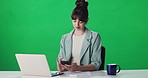 News, reporter and woman with phone on green screen for story, journalism and network broadcast. Assistant, journalist and person on smartphone for social media, notification and live streaming show
