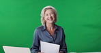 Reporter, prepare and woman with green screen for news, journalism and network broadcast in studio. Portrait, journalist and person with assistant for media story, announcement and live streaming