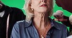News anchor, makeup artist and time lapse with woman on green screen for broadcast touch up, production and help. Journalist reporter, stylist team and talk show host with person in television studio