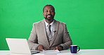 News anchor, African man and speaker with crew, laptop and notes on green screen. Reporter, mockup space and presenter in studio for broadcast, media face or communication for journalism or weather