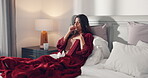 Cough, sick and tissues with woman in bed of home for illness emergency, germs and fatigue. Bacteria risk, allergies and fever with person in bedroom of apartment for virus infection and disease