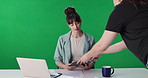 Woman, news anchor and tablet in studio with producer, discussion or prepare with green screen. Person, presenter and host with tech, app and notes with mockup space for behind the scenes at tv show