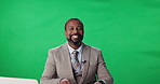 Reporter, face and man with green screen for news, journalism and network broadcast in studio. Anchor, journalist and portrait of person with assistant for media story, production and live streaming