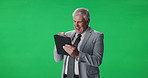 Fist pump, tablet and mature man by green screen with winning, giveaway or prize online. Happy, digital technology and male finance manager with celebration for gambling achievement by mockup space.