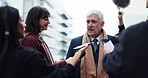 Politician, interview or broadcast with people on street together for conversation or discussion. Podcast, news and technology with journalist team on air for questions, production and reporter