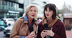 Face, microphone and journalists with interview in city with announcement on live television. Happy, portrait and interviewer with woman for broadcasting news, information or update in urban town.