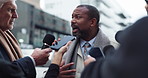 Politician, man and speaking with journalist in city for news, government policy and angry. Press conference, politics and talking to reporter for interview, question or frustrated with announcement
