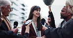 Woman, interview or broadcast with people on street together for conversation or discussion. Podcast, news and technology with journalist team on air for questions, influencer production and reporter