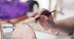 Hands, makeup and routine with brush, dressing room or process with cosmetics, application or powder. Backstage, closeup and person with tools for beauty, makeover and getting ready with foundation