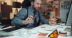 Cigar, detective and man with computer in office for case report, research or leads. Smoking, police officer and desktop at work for crime investigation, review evidence or problem solving with clues