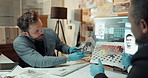 Police, evidence and men with gun, station and confirmation of criminal investigation or discussion. Weapon, comparison and photographic record of crime, detective and suspect info on screen and tech