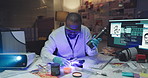 Man, investigation and gun at lab for fingerprints analysis, uv light or exam for evidence. African person, firearm and murder weapon with inspection for proof, police or search for criminal identity