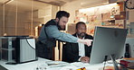 Men, map and night with private investigation on computer for lead, research or start trace. Male people, officer or detective working late together with evidence for crime scene or tracking killer