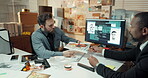 Station, police and men with document, evidence or review of record, tech or criminal investigation. Detective, partnership and people with crime info on legal report, computer and research on screen