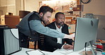 Documents, computer and private investigators in office with meeting for solving case in collaboration. Paperwork, team and male detectives with discussion for briefing on investigation in workplace.