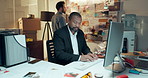 Night, men and computer in office, crime investigation and justice law system with evidence. Evening, detective and people in workplace, pc and serial killer trace with internet, precinct and report