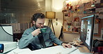 Drink coffee, detective and man with computer screen in office for case report or leads at night. Tea, police officer or monitor for crime investigation, review evidence or suspect profile in evening